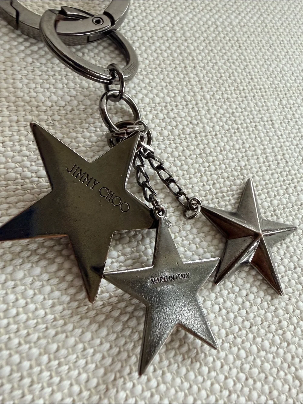 JIMMY CHOO Gunmetal Triple Star Bag Charm Keychain Key Ring